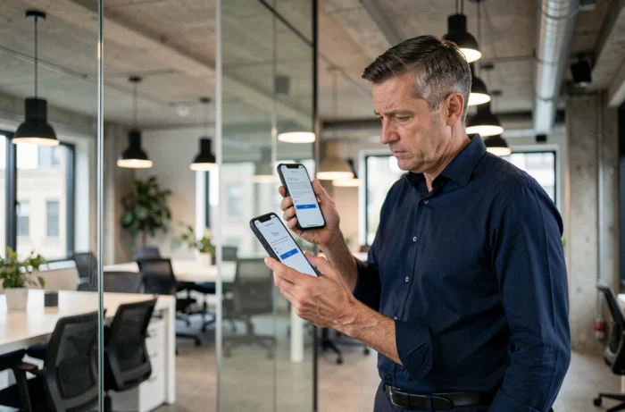 Homme consultant l'accès à ses documents RH sur smartphone dans un espace de coworking lors d'une transition professionnelle