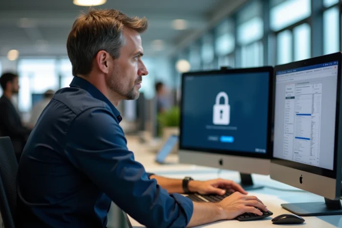 Employé de banque accédant à l'extranet Alis BNP Paribas depuis un poste de travail en open space