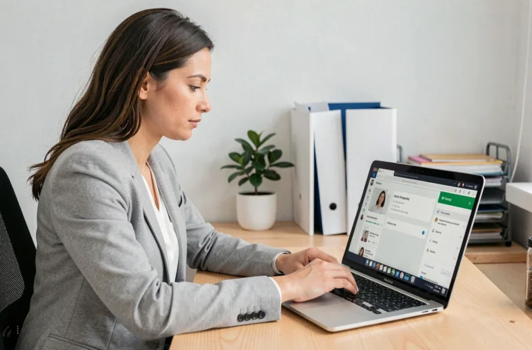 Femme consultant son espace My People Docs sur un ordinateur portable depuis son bureau à domicile après un changement d'employeur