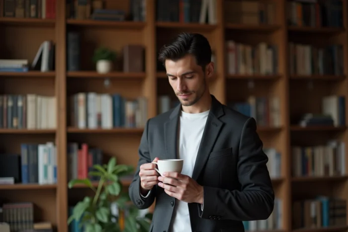 Acteur en veste grise dans une bibliothèque personnelle tenant un café, ambiance intimiste et décontractée