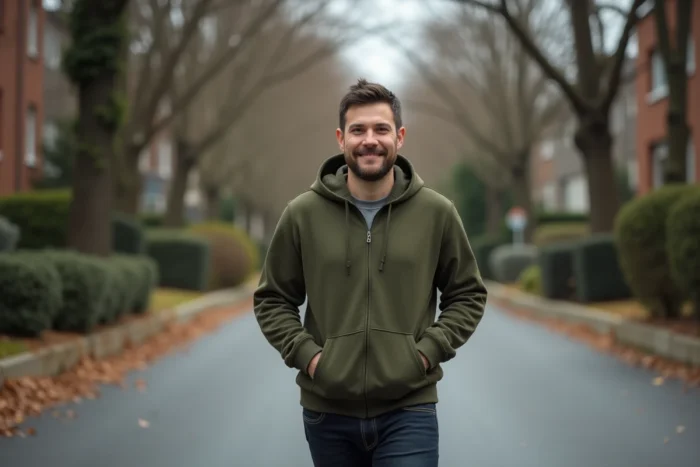 Homme acteur marchant dans une rue résidentielle bordée d'arbres en automne, style candid éditorial