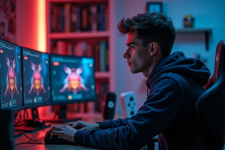Jeune homme concentré jouant à un jeu vidéo sur un setup gaming moderne avec plusieurs écrans, ambiance gaming contemporaine