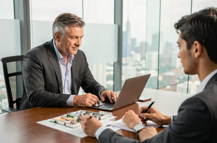 Agent immobilier conseillant un client autour d'un contrat dans une agence moderne, clés du succès en investissement immobilier