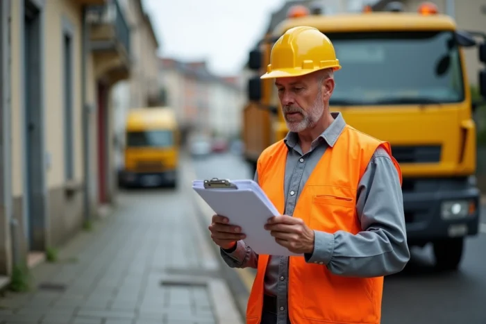 Agent technique territorial de catégorie C en gilet haute visibilité consultant un bon de travail devant un véhicule municipal