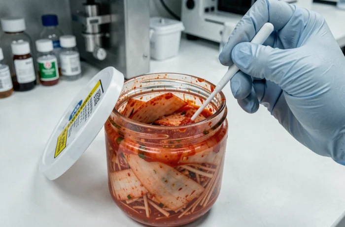 Main gantée en laboratoire analysant un bocal de kimchi ouvert pour contrôle de sécurité alimentaire et risques de botulisme