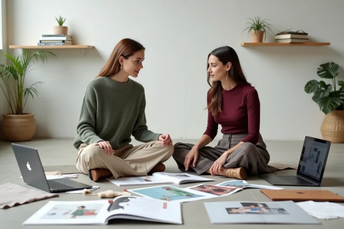 Deux jeunes femmes analysant des tendances mode avec des échantillons de tissus et des rapports de tendances dans un studio minimaliste moderne
