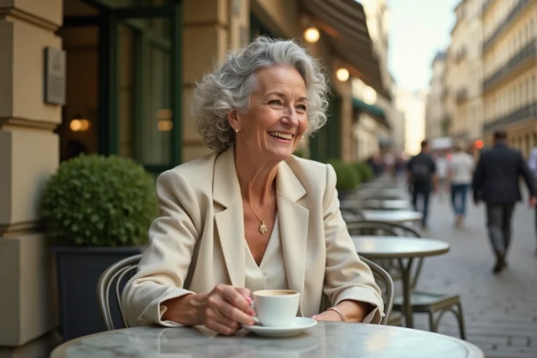 Femme élégante aux cheveux bouclés argentés savourant un café en terrasse, évoquant la relation mature et épanouie d'Andie MacDowell