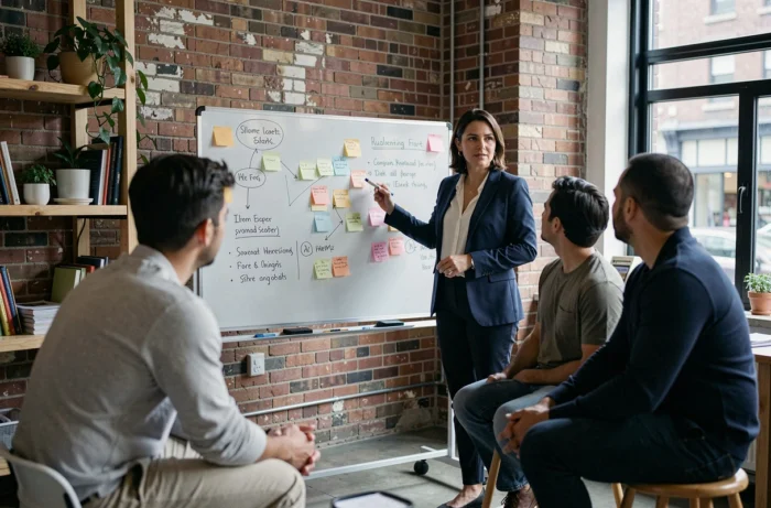 Femme professionnelle animant un atelier collaboratif devant un tableau blanc avec des collègues attentifs