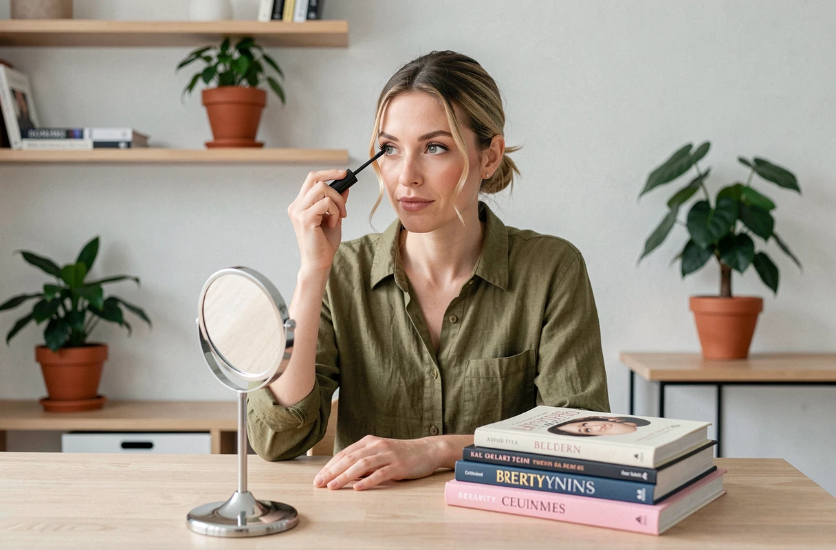 Femme appliquant du mascara devant un petit miroir posé sur un bureau au style scandinave pour un tutoriel maquillage des yeux