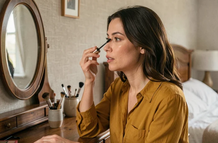 Jeune femme appliquant du mascara devant un miroir vintage dans une chambre cosy avec des accessoires de maquillage organisés