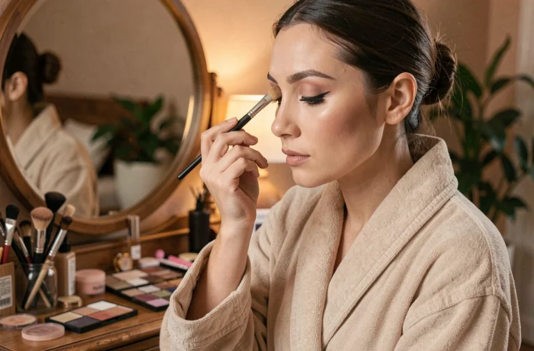 Femme appliquant de l'ombre à paupières avec un pinceau devant un miroir de vanité en bois pour un maquillage des yeux débutant
