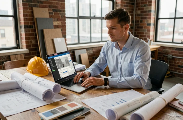 Architecte consultant la plateforme Batiav sur son ordinateur portable dans un bureau avec des plans de construction