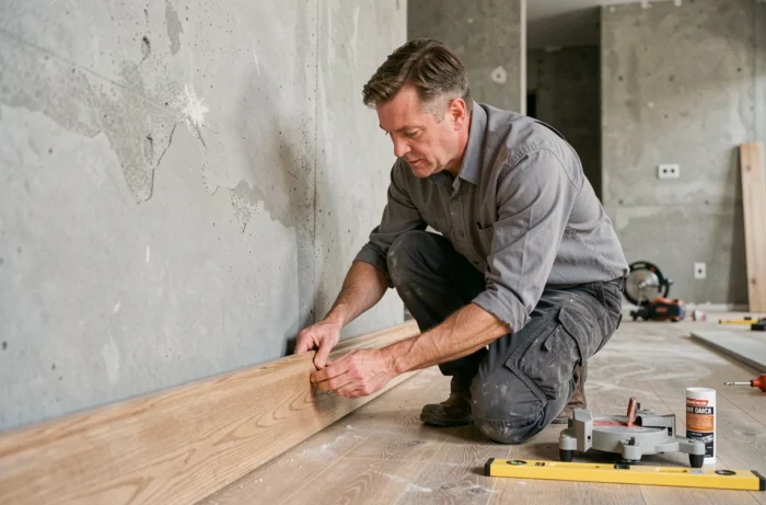Artisan posant une plinthe en chêne naturel contre un mur en béton ciré lors de travaux de rénovation intérieure