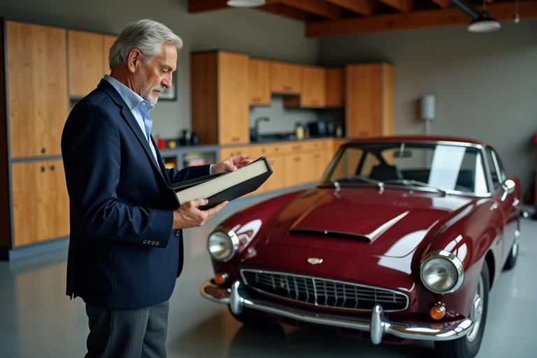 Propriétaire de voiture de collection examinant son contrat d'assurance dans un garage privé avec une voiture de sport vintage des années 1960