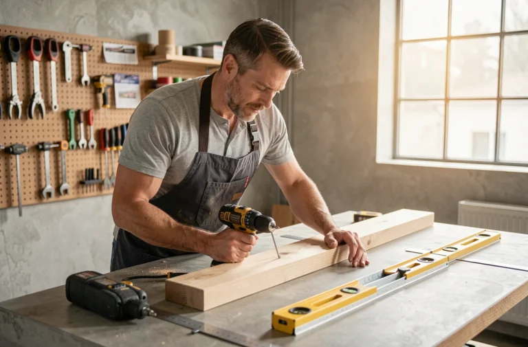 Homme en atelier de bricolage moderne mesurant une planche de bois avec des outils contemporains bien organisés