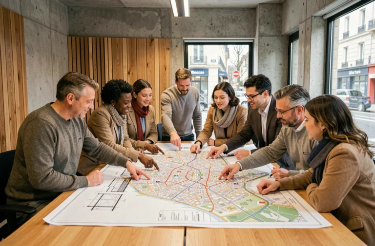Groupe de citoyens réunis autour d'une table pour un atelier de planification urbaine participatif à Rennes