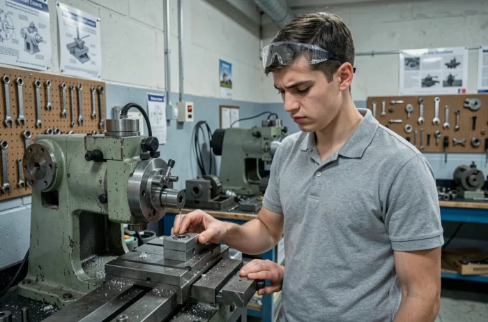 Étudiant en BUT Génie Mécanique et Productique manipulant une pièce usinée dans un atelier universitaire