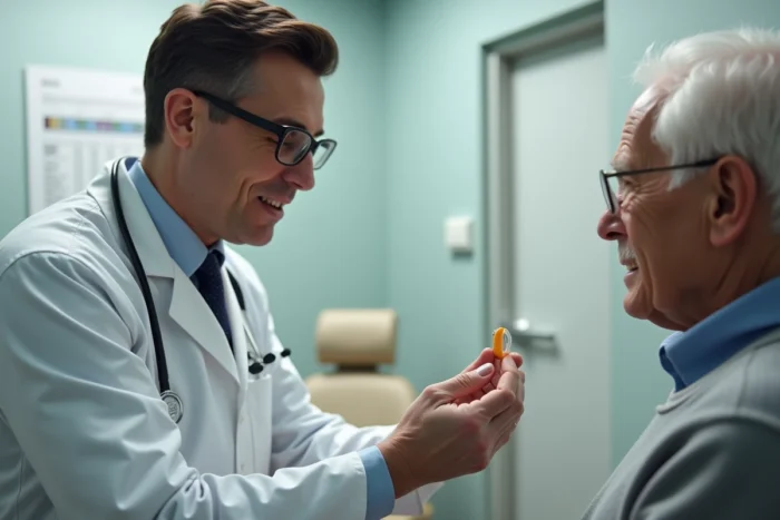 Audioprothésiste présentant un appareil auditif contour d'oreille à un patient âgé dans une cabine d'audiologie