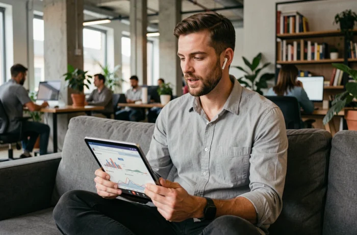 Jeune auto-entrepreneur en télétravail dans un espace de coworking, consultant des statistiques sur une tablette lors d'un appel visio