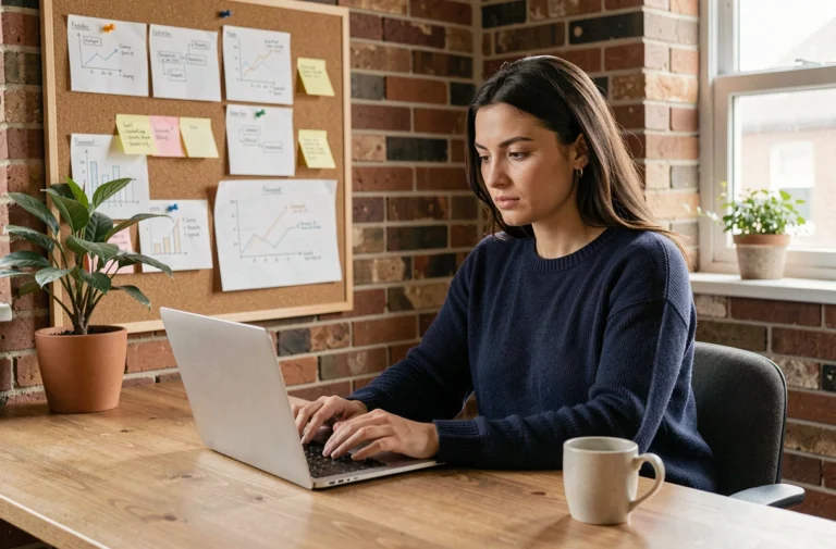 Auto-entrepreneuse travaillant sur son ordinateur portable dans un bureau à domicile moderne, entourée de notes de projet et d'outils de planification