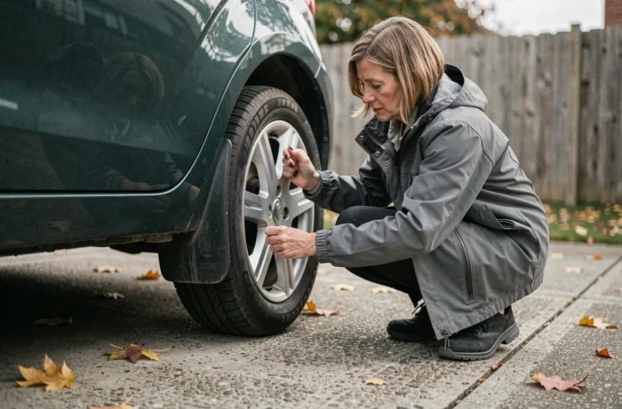 Femme inspectant un bavette de protection installée sur une voiture compacte verte dans une allée résidentielle en automne