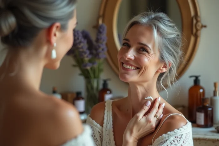 Femme mature appliquant une crème botanique sur le cou devant une coiffeuse vintage, secrets de beauté intemporels et naturels