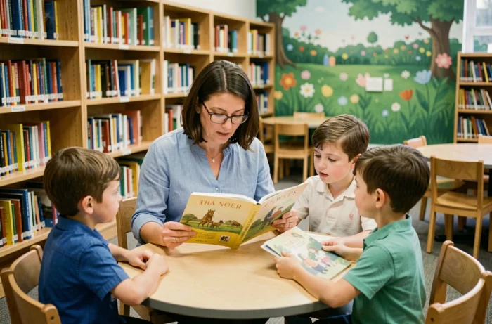 Bibliothécaire lisant un livre illustré à des enfants en bibliothèque jeunesse, illustration de la transmission de la littérature classique pour enfants