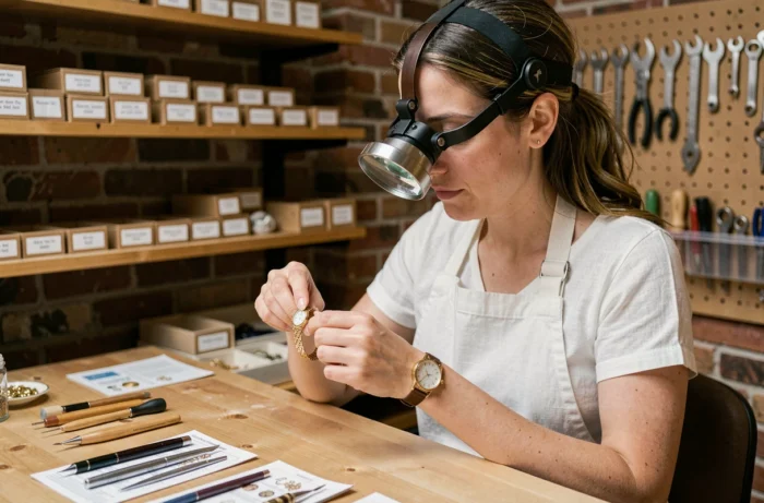 Bijoutière examinant un bracelet de montre plaqué or dans un atelier artisanal professionnel