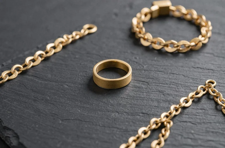Bijoux plaqués or 10 microns posés sur ardoise grise, bracelet bague et chaîne dorés en vue macro