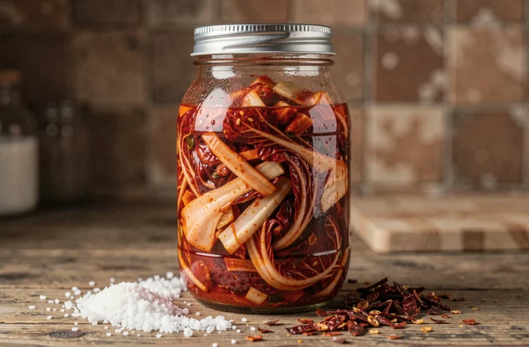 Bocal en verre hermétique rempli de kimchi fermenté traditionnel coréen posé sur un comptoir en bois rustique