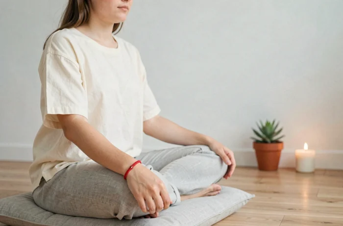 Jeune femme portant un bracelet rouge à 7 nœuds au poignet gauche, assise en méditation sur un coussin en lin dans un espace minimaliste