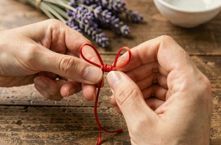 Mains de femme en train de nouer un bracelet rouge à 7 nœuds sur le poignet gauche, posées sur une table en bois rustique avec des brins de lavande séchée