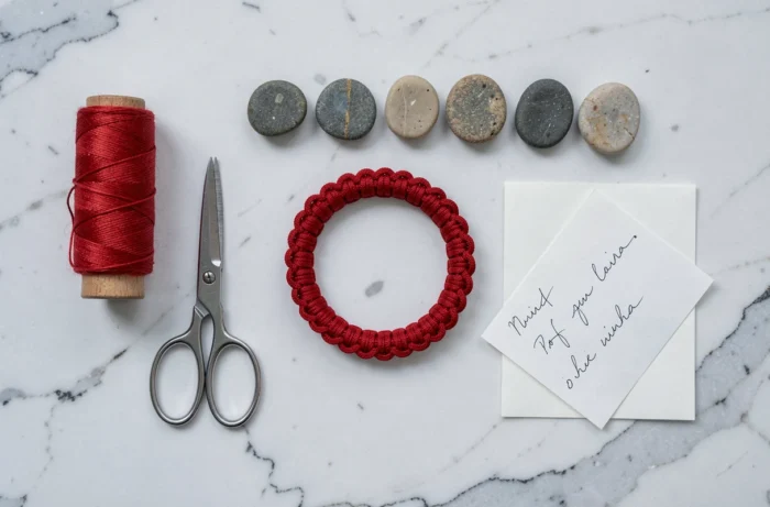 Vue du dessus d'une préparation de bracelet rouge à 7 nœuds sur marbre blanc avec fil de coton, ciseaux, pierres naturelles et bracelet terminé