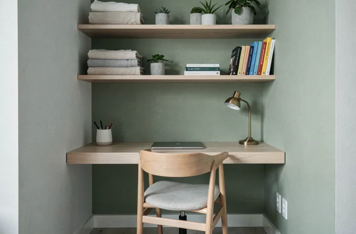 Bureau à domicile fonctionnel et tendance dans une alcôve avec étagères flottantes, rangements en lin et décoration végétale minimaliste