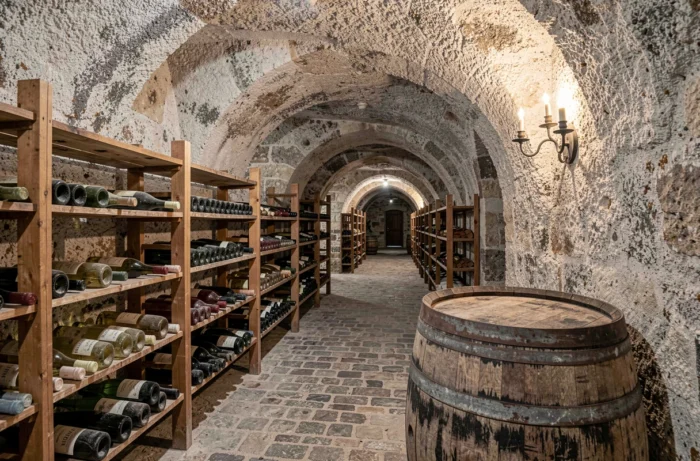 Cave voûtée en tuffeau d'un château de la Loire abritant de vieux millésimes de Sancerre et Vouvray