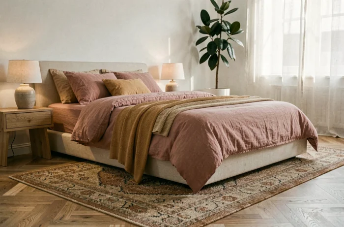 Chambre contemporaine cocooning avec literie en lin superposée, tapis tissé vintage et plante ficus pour une ambiance chaleureuse et tendance