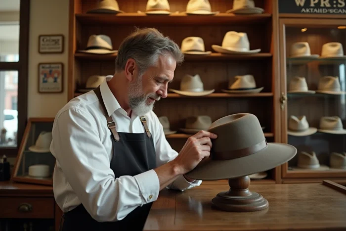 Chapelier professionnel ajustant un chapeau à large bord dans sa boutique artisanale traditionnelle