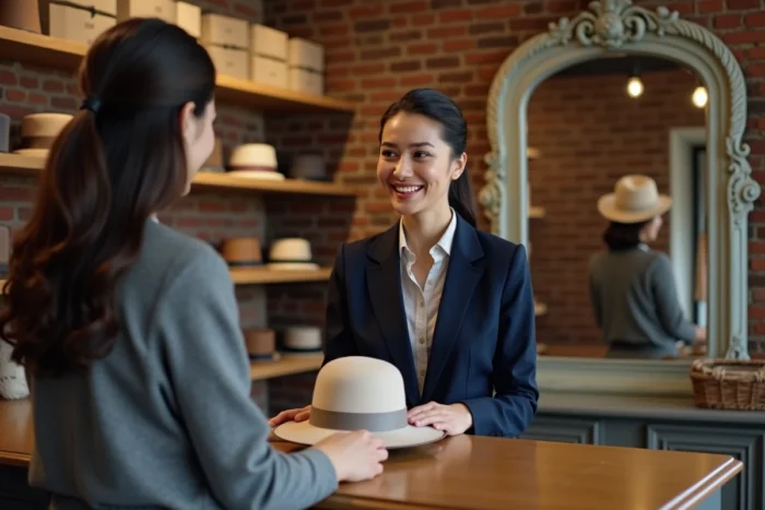 Chapelière présentant un chapeau cloche élégant à une cliente dans une boutique de chapeaux raffinée