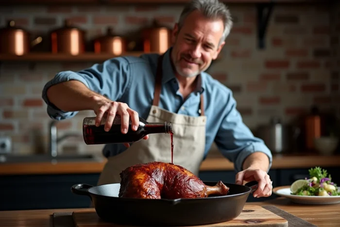 Chef versant une marinade au vin rouge sur un cuissot de chevreuil dans une cocotte en fonte dans une cuisine rustique