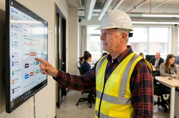 Chef de projet présentant le tableau de bord de la plateforme Batiav sur un écran mural dans un espace de travail collaboratif