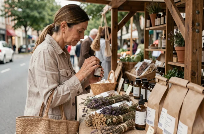 Femme examinant un sérum naturel dans un veston en lin beige sur un marché de produits biologiques en plein air