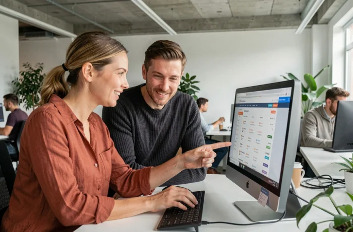 Deux collègues consultant un annuaire téléphonique professionnel sur un ordinateur dans un espace de coworking