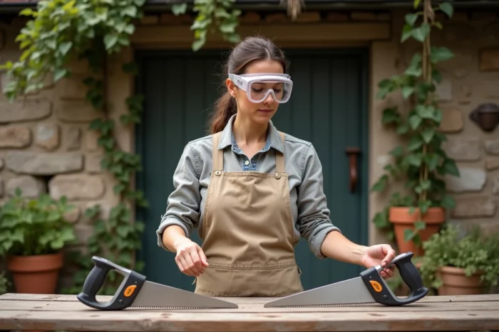 Femme comparant deux modèles d'élagueuses manuelles sur un établi de jardin en bois