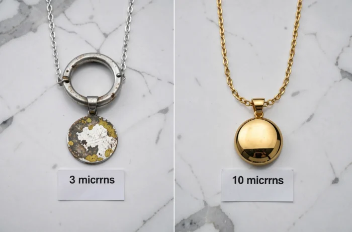 Comparaison de deux colliers pendentifs plaqués or 3 microns et 10 microns sur marbre blanc