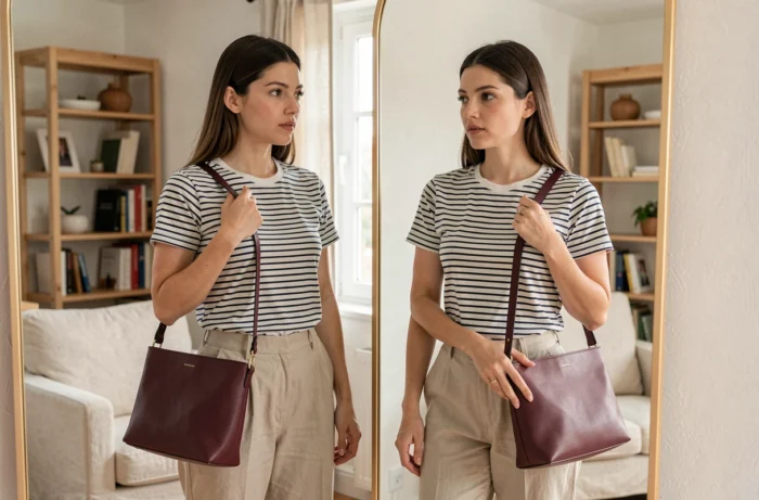 Jeune femme devant un miroir comparant différentes longueurs de bandoulière pour un sac en cuir bordeaux dans un appartement moderne