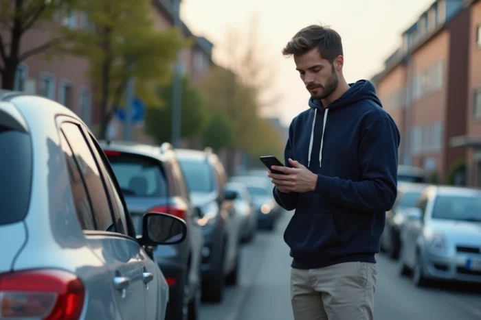 Conducteur vérifiant la réception d'un paiement Blablacar sur son smartphone après un trajet