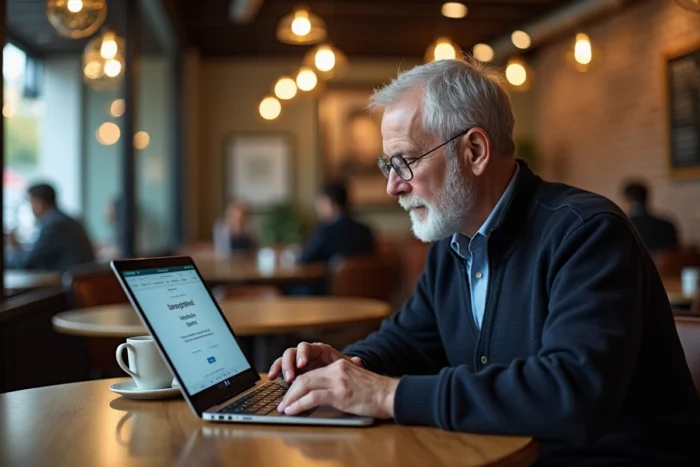 Personne se connectant à distance à l'extranet bancaire Alis depuis un café avec un ordinateur portable