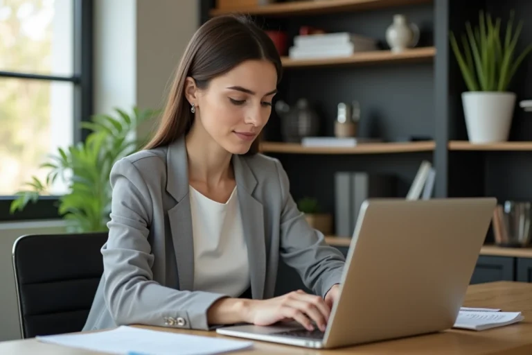 Femme professionnelle connectée à un extranet sécurisé depuis son bureau à domicile