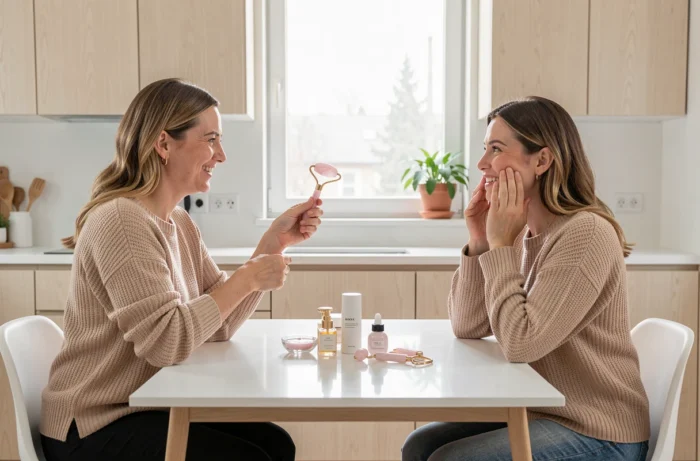 Deux femmes partageant des conseils de beauté avec un rouleau en quartz rose autour d'une table dans une cuisine scandinave