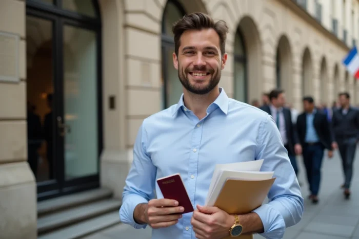 Homme confiant tenant son passeport et ses documents devant le consulat français en milieu urbain